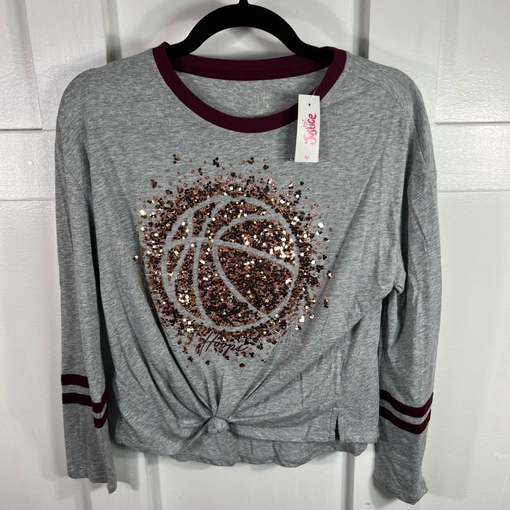 Justice Active Girls Gray Sequin Basketball Hoops LS Knot Front Top 14 NWT